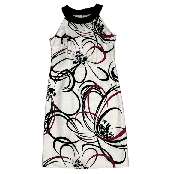 NWT ANN TAYLOR White Red Black Abstract Floral Sleeveless Halter Dress Size 2 - Picture 6 of 16